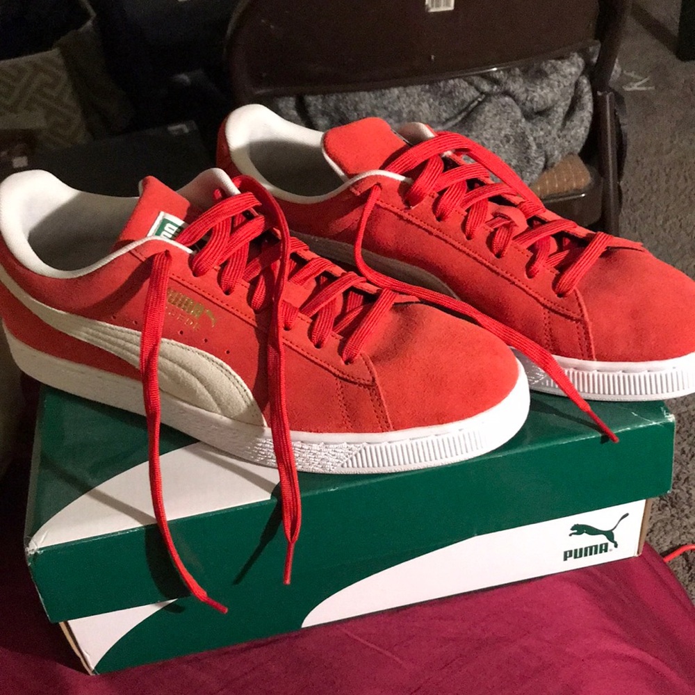 Red suade puma shoes